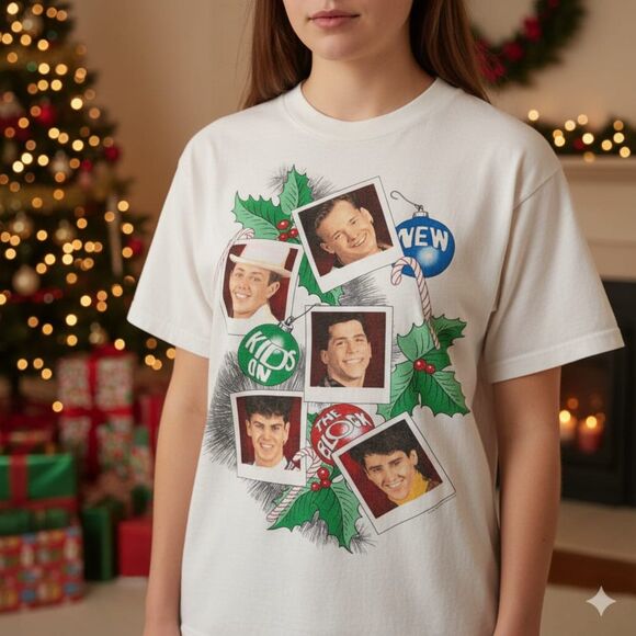 VTG 90s New Kids on the Block NKOTB Christmas Stockings Tee T-shirt Sz S - Picture 2 of 10